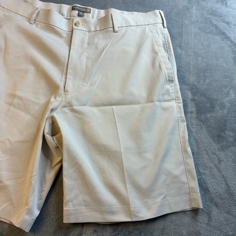 Peter Millar Mens 36 Crown Sport Wicking Golf Shorts Tan White Micro Stripe 9in